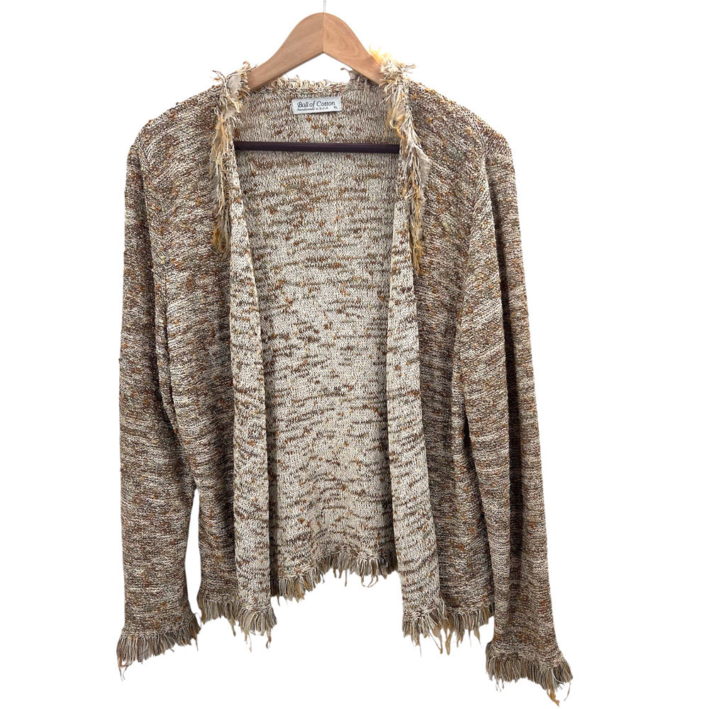 Ball of Cotton Lagenlook Brown Marled Hand-Knit Fringed Cardigan Sweater XL